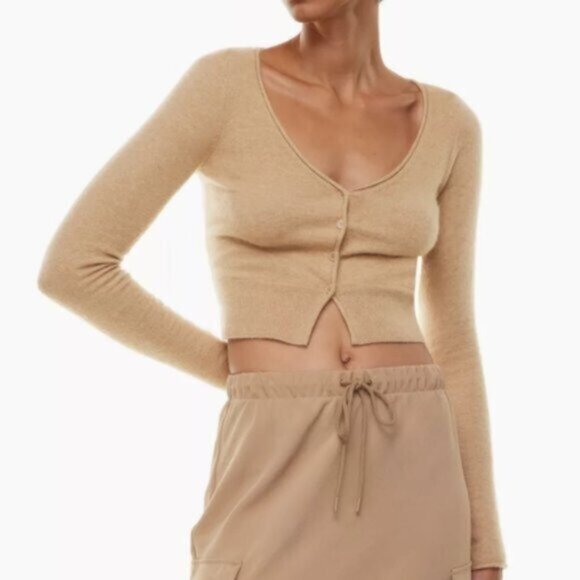 WILFRED Santorini Cardigan Sweater Wool Cashmere Knit Gold Camel XS Aritzia - Picture 8 of 14